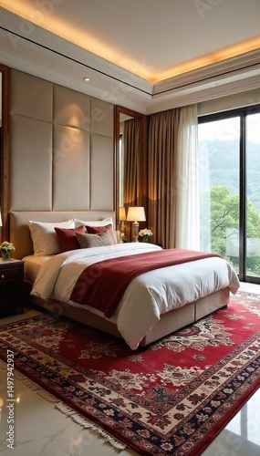 Luxurious master bedroom featuring a large, intricately patterned area rug, adding warmth and style to the space Perfect for interior design inspiration , space, design, carpet