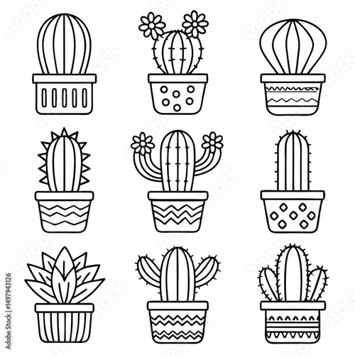 Nine Line Art Cactus Plants in Decorative Pots Collection