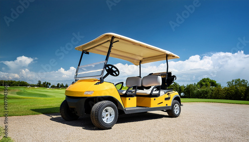 yellow golf cart with two seats and sunshade for outdoor use