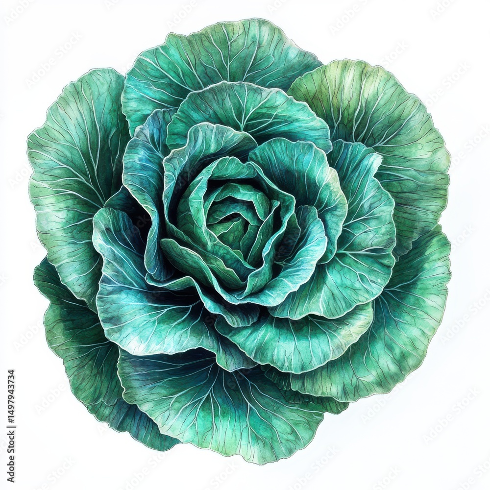 Obraz premium Detailed cabbage head with textured leaves, top view, isolated on white background