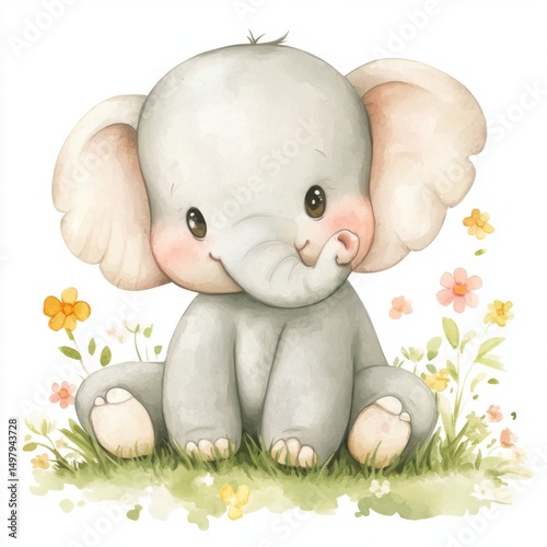 Cute baby elephant sitting on grass with flowers in the background, watercolor clipart isolated on a white background, in pastel colors, cute and adorable