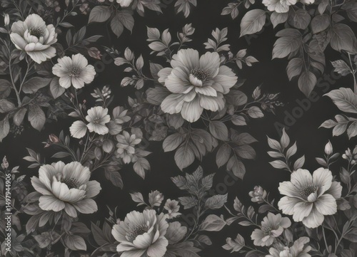 Subtle charcoal floral wallpaper, vintage-inspired delicate blooms and leaves , subtle, plant