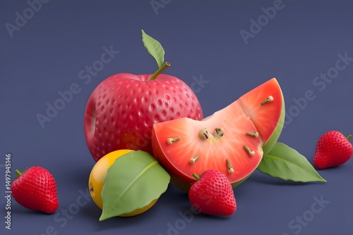 Abstract vibrant fruits on blue backdrop with strawberry, watermelon, and leaves