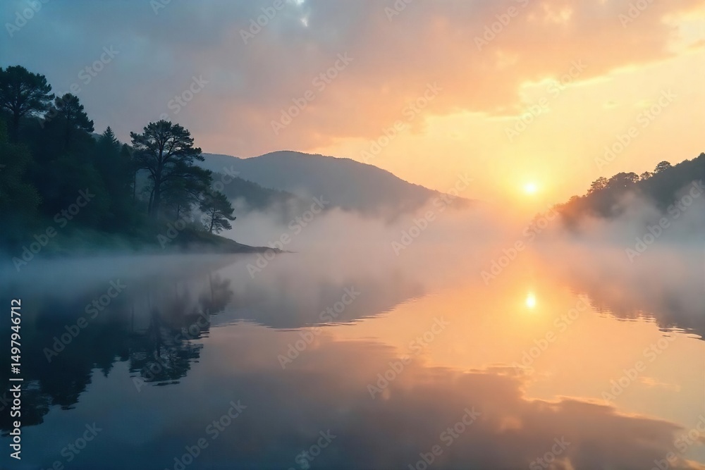 Fototapeta premium Misty morning on the Bay, fog rolling in over calm water, sun peeking through Perfect serenity and stillness , haze, calm, bay area