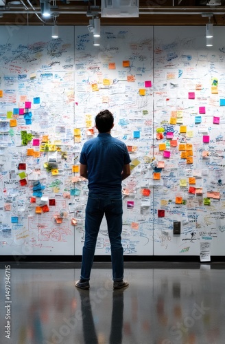 A person stands thoughtfully in front of a vibrant wall covered in colorful sticky notes and handwritten ideas, embodying the essence of collaboration and creativity in brainstorming. photo