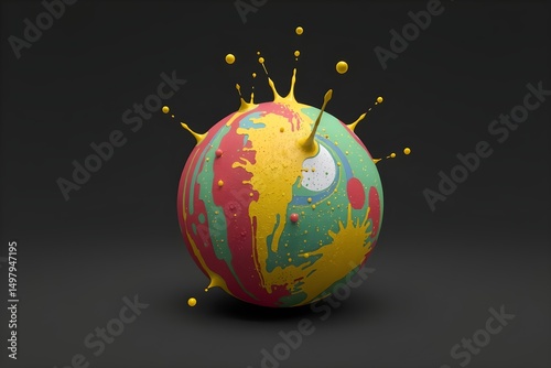 Colorful sphere with yellow splashes floating on green and red surface in dark scene