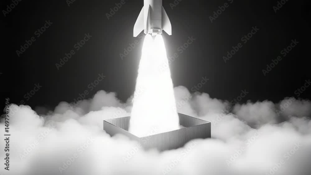 A black and white photo of a rocket blasting off into the sky