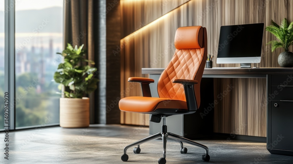 Fototapeta premium Modern Orange Leather Office Chair in a Stylish Workspace