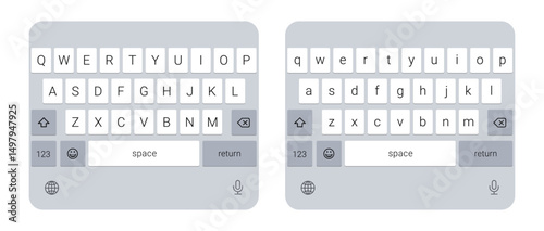 Virtual mobile keyboard layout vector with uppercase and lowercase keys on a transparent background, touchscreen typing interface for smartphone UI design
