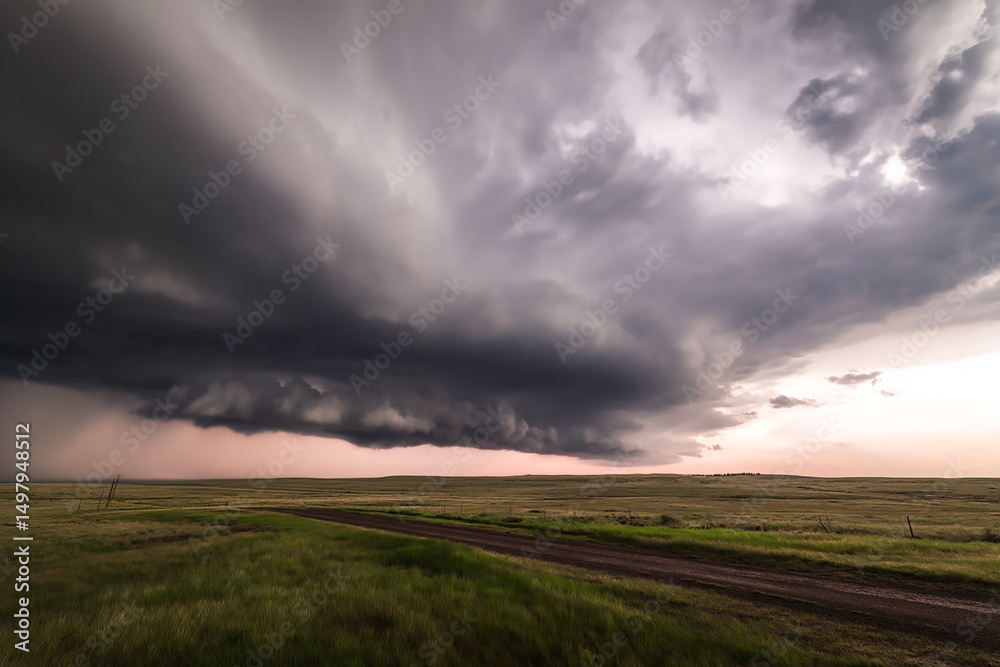 Fototapeta premium Dramatic storm clouds over vast green prairie landscape