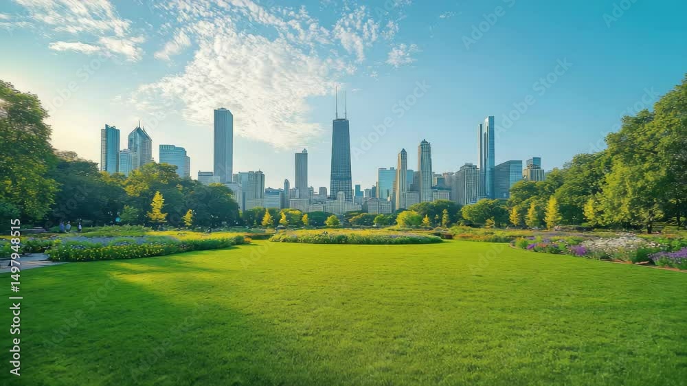 Chicago skyline view from grant park illinois usa travel tourism cityscape architecture buildings green space