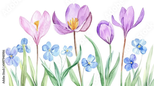 Anemones, White and Purple Crocuses, and Various Wild Flowers on Transparent Background