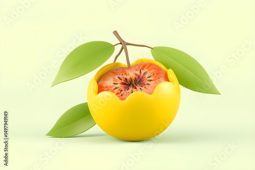 Surreal vibrant fruit with yellow shell and orange interior on pastel background