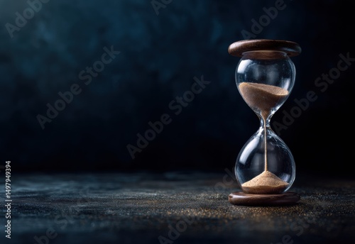A captivating hourglass stands elegantly against a dark backdrop, symbolizing the passage of time as grains of sand flow gently, evoking reflection and the inevitability of change.