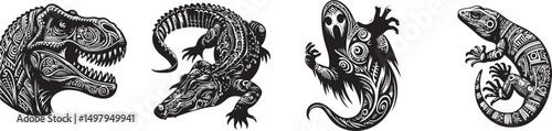 A powerful black and white tribal dragon skull design, symbolizing ancient Asian mythology and animalistic fantasy art