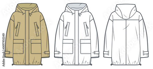 Parka Jacket technical fashion illustration. Raincoat fashion flat technical drawing template, pockets, hood, drawstring, oversize, front, back view, white, camel brown, women, men, unisex CAD mockup.