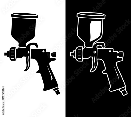 vector logo design illustration of a paint spray gun for automotive auto body painting hvlp gun with cup on top for air compressor in black and white Silhouette minimalist clip art