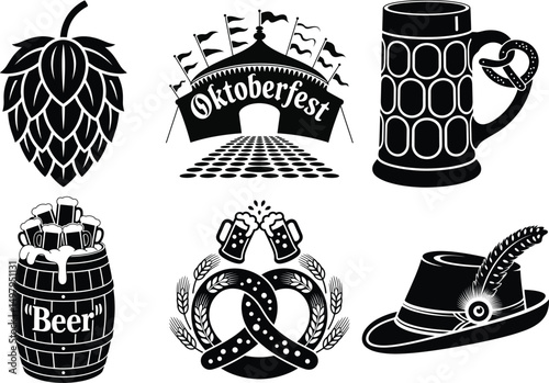 Oktoberfest Silhouette Vector Illustration Set. Traditional Bavarian Beer Festival Art, Oktoberfest Celebration Vector, Oktoberfest Party, Oktoberfest Beer Mug, Party Cheers to the German Festival