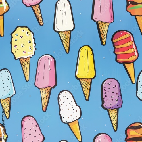 A pattern shows ice cream cones on a bright blue background