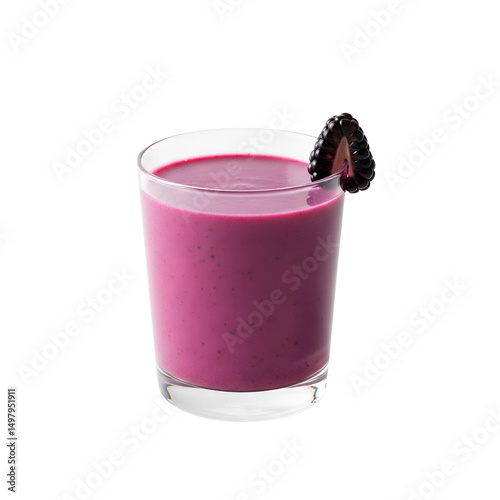 A vibrant, rich purple berry smoothie presented in a clear glass, elegantly garnished with a single slice of fresh blackberry on the rim.