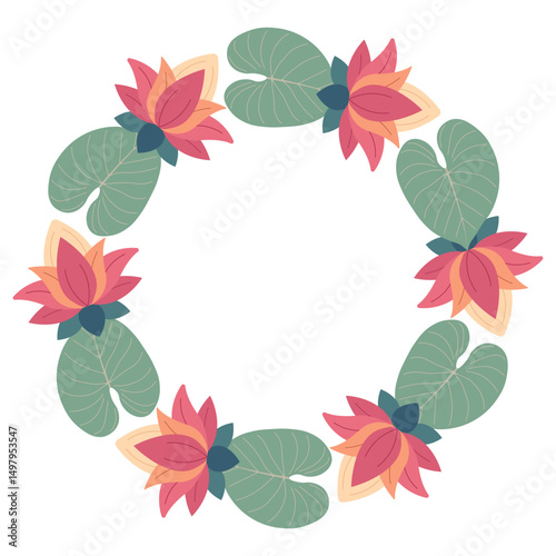 Jungle-inspired round frame decorated with tropical leaves and lush foliage, lotus. Perfect for invitations, covers, banners, and greeting cards. Vector tropical nature scene