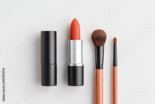 modern makeup essentials arranged with symmetry on white surface