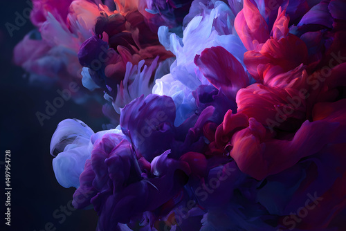 Colorful explosion of swirling petals symbolizes the beauty of nature and transformation in a mesmerizing, dreamlike landscape