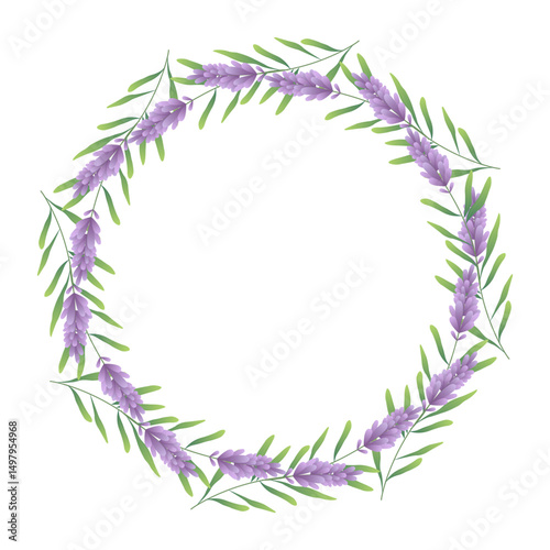 Circular botanical frame featuring lush green leaves and flowers lavender. Abstract plant illustration perfect for banners, cards, and invitations. Vector design