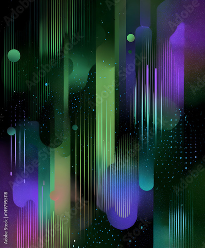 Colorful abstract design showcasing vibrant vertical lines and circular shapes on a dark background, created to evoke a sense of movement and energy in digital art