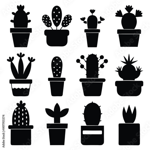 Wallpaper Mural Twelve Black Silhouettes of Cacti in Pots Plant Icons Torontodigital.ca
