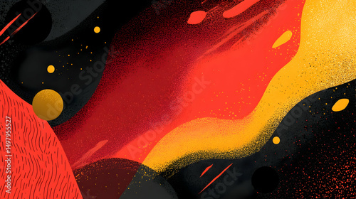 Vivid abstract art showcasing vibrant red, yellow, and black hues with swirling patterns and celestial elements conveying passion and energy