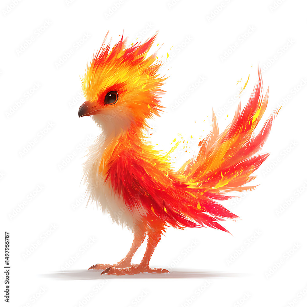 Fototapeta premium Fiery Phoenix Chick: A vibrant bird with feathers of orange and red stands on a white background.