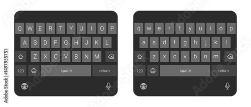 Black virtual mobile keyboard layout vector with uppercase and lowercase keys on transparent background, digital touchscreen typing interface for smartphone UI design