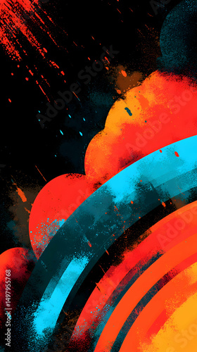 Colorful abstract design with vibrant hues and sweeping curves representing energy and creativity in a dynamic art piece