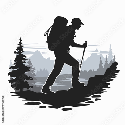 Hiker Silhouette in Majestic Mountain Landscape