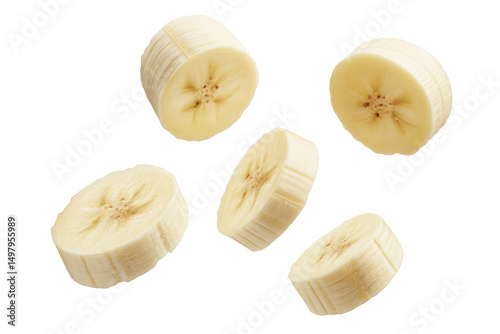 A still life of five sliced bananas floating on a black background creating a simple food composition