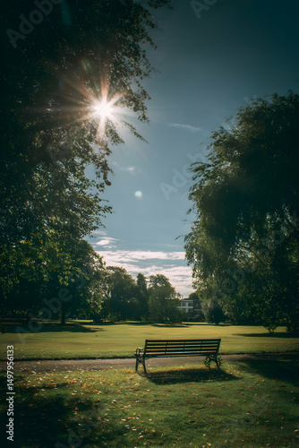 Scenic park bench under the bright sun inviting contemplation and relaxation in nature's serene setting