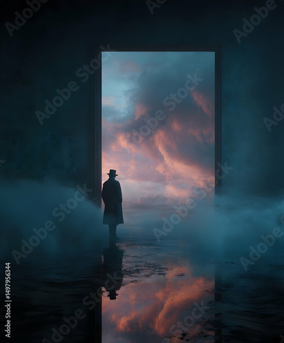 Mysterious figure standing before an ethereal doorway at twilight, reflecting on the surreal landscape of clouds and water