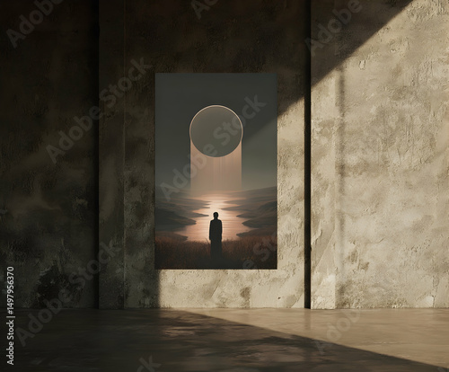 Symbol of tranquility in a minimalist space with a figure gazing at a surreal landscape illuminated by a glowing orb