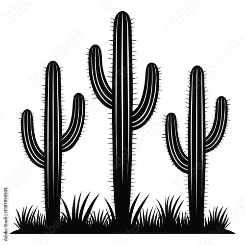 Three Silhouetted Cacti in a Desert Grassland Setting