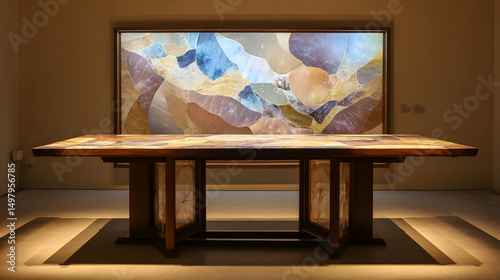 Elegant table with intricate design situated in a contemporary art gallery featuring a backlit abstract panel