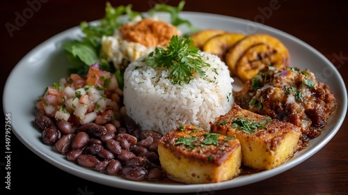 Costa Rican casado plated dinner on a dark surface