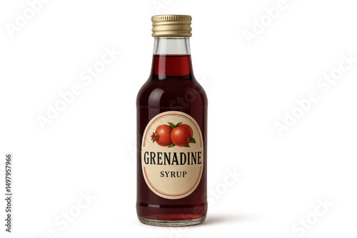 Glass bottle of grenadine syrup on transparent background