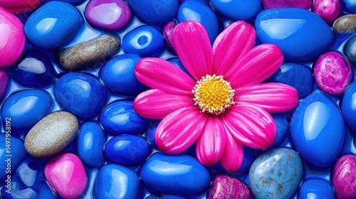 Vibrant pink flower amidst colorful stones