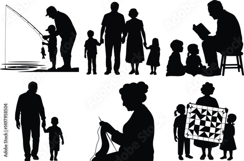 Grandparent Silhouette clipart SVG Bundle, Grandparent's Vector Illustration Set. Grandma and Grandpa Silhouette, Cherished Family Moments, Senior Couple, Grandparent Hug,  Family Celebrations.