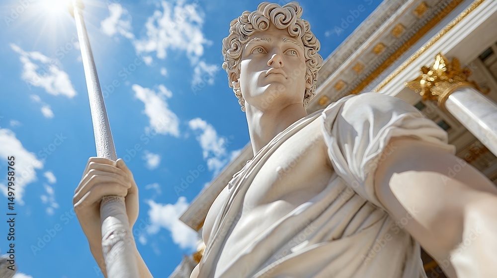 Obraz premium White Statue Holding Spear Against Blue Sky