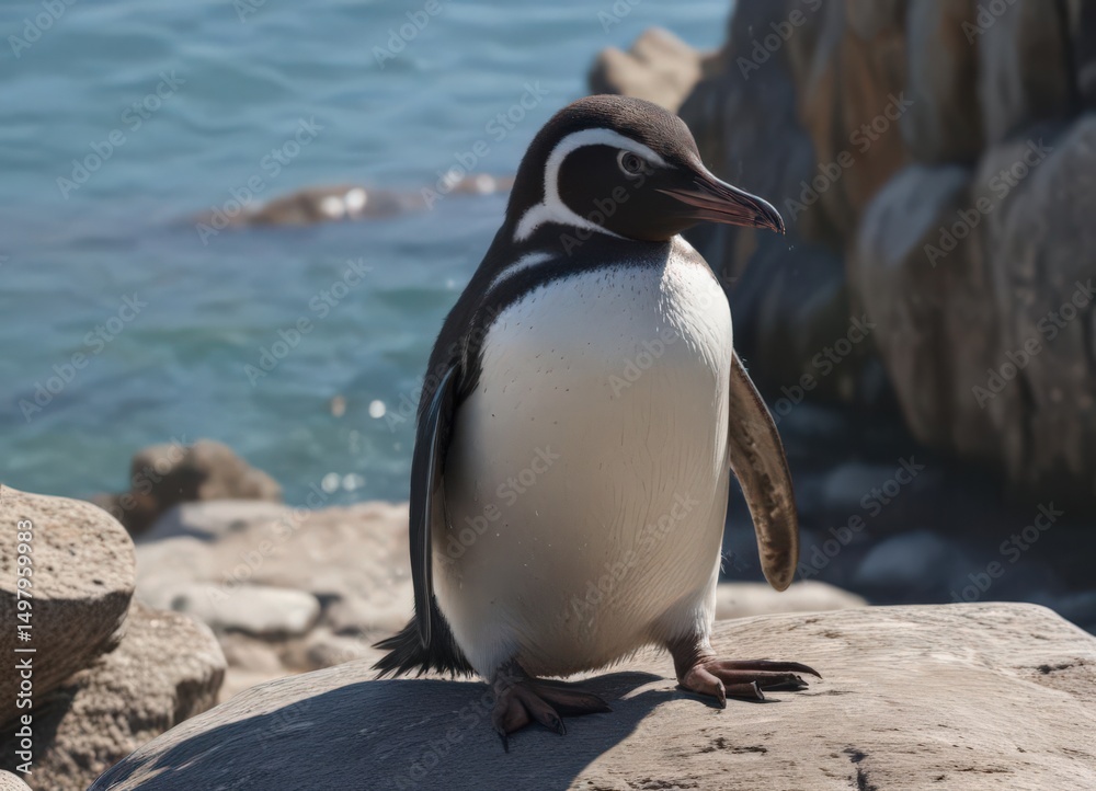 Naklejka premium Humboldt penguin preening its feathers on a rocky shore , penguin, animal photography, rocky coast