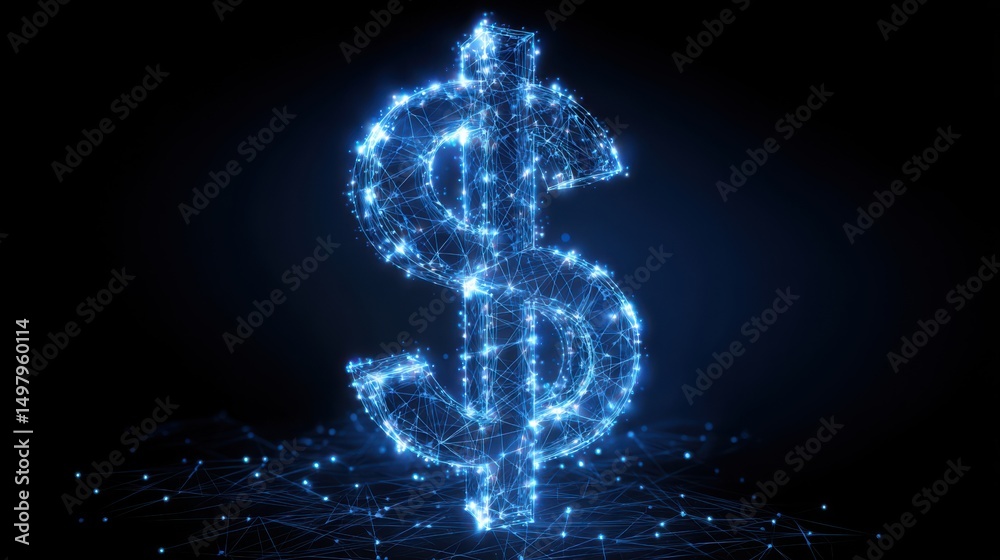 Obraz premium A luminous dollar sign is formed from interconnected lines and dots, portraying a futuristic digital concept on a black background. The design evokes a sense of modern finance and technology
