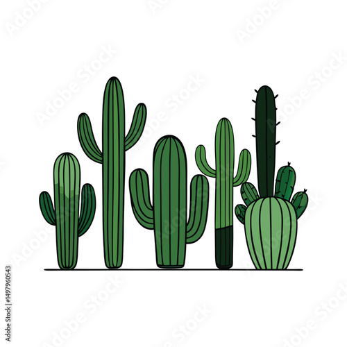 Tableau sur toile Collection of Diverse Cactus Plants Illustrated in a Simple Style