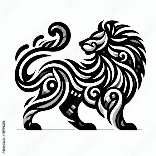 Stylized black and white illustration of a lion with intricate swirling patterns